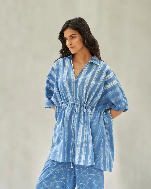Waist Gathered Top - Blue Casual Women's Loose - fitting