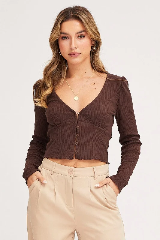 Brown Crop Top Long Sleeve Sleek Women's Metallic