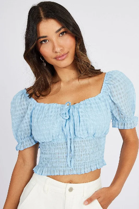 Blue Crop Top Short Sleeve Youthful Women's Pop