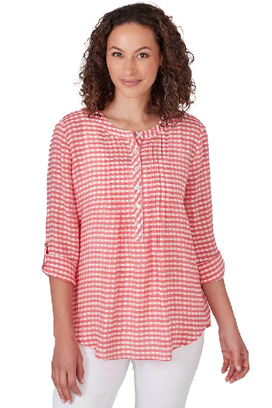 Punch Gingham Pleated Blouse Luxurious Women's High -  end