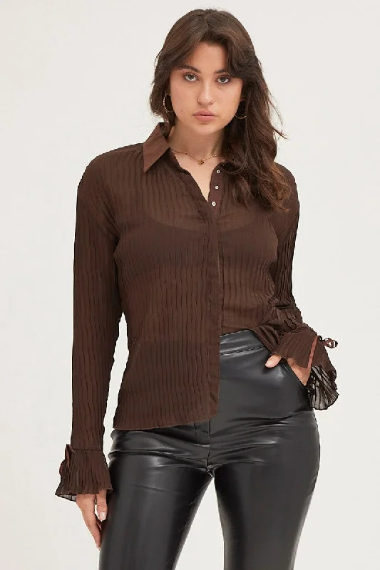 Brown Pleated Shirt Long Flare Sleeve Traditional Women's Wool