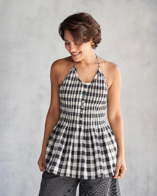 Checkered Pintuck Top - Black & Ivory Contemporary 