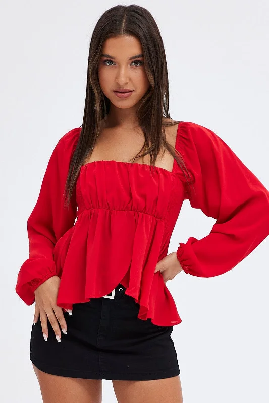 Red Top Long Sleeve Square Neck Shirred Ruched Feminine Women's Style 