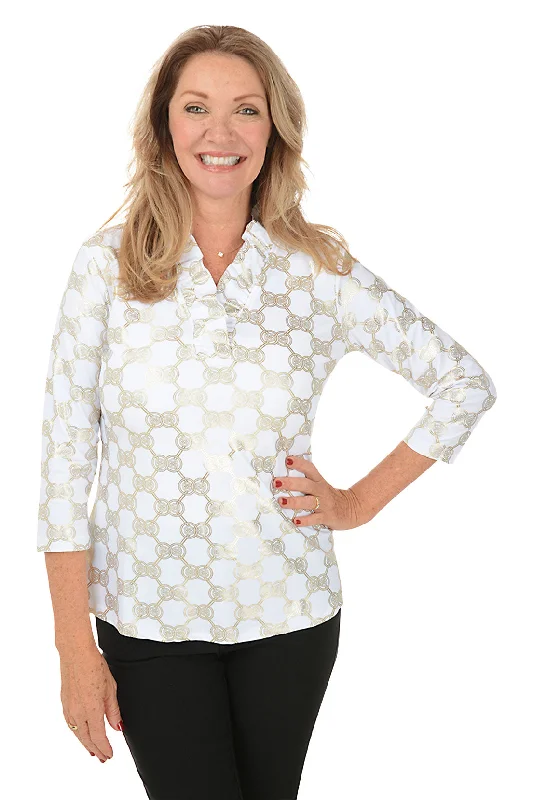 Gold Medallion Ruffle Neck UPF50+ Top Dynamic Women's High - energy