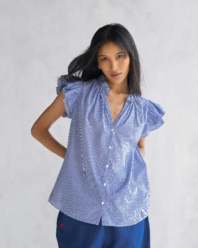 Ruffle Collar Shirt - Blue & White Luxurious Women's High -  end