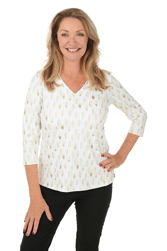 Gold Champagne Flutes Classic UPF50+ V-Neck Top Cozy Women's Winter