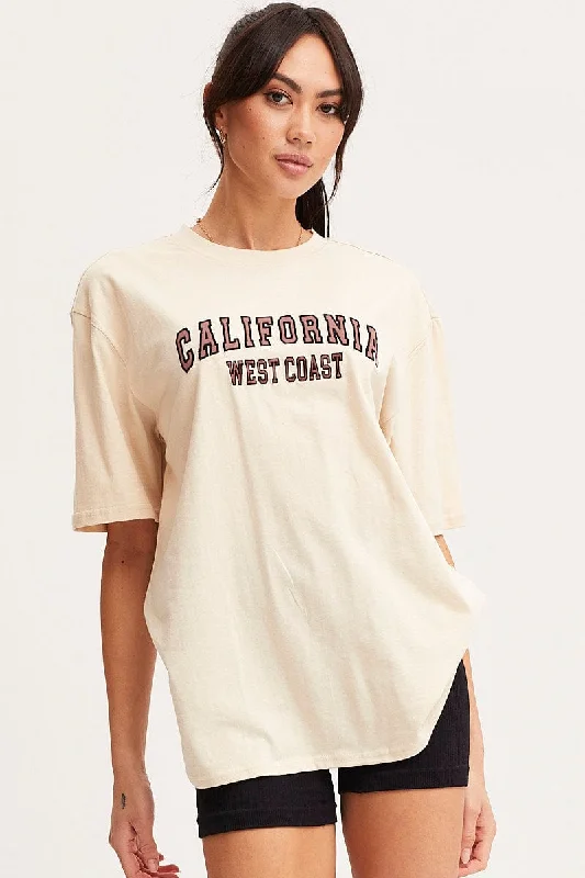 Beige Graphic T Shirt Short Sleeve Embroided Feminine Women's Soft 