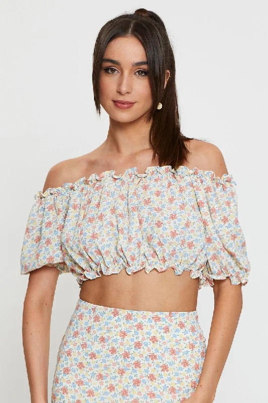 Print Crop Blouse Off Shoulder Athletic Women's High - 