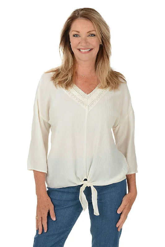 Keep It Natural Crochet Neck Gauze Blouse Dapper Women's Bow - adorned