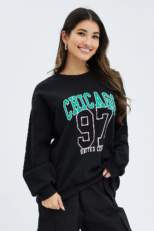 Black Graphic Sweater Long Sleeves French