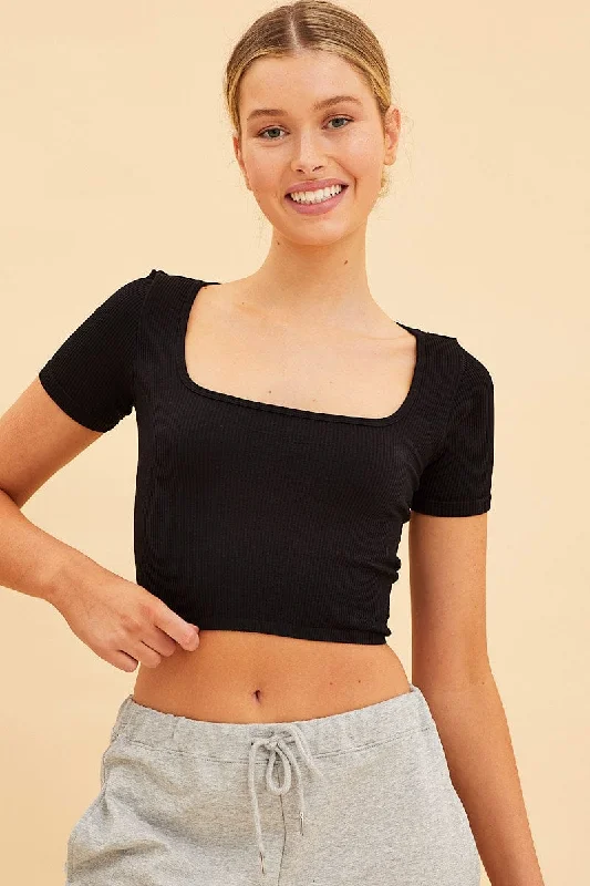 Black Seamless T-Shirt Crop Short Sleeve Square Neck Preppy Women's College