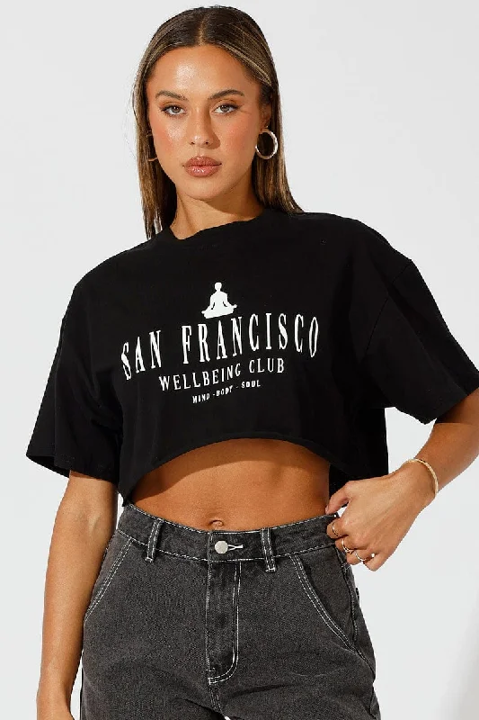 Black Graphic Tee Health Club. Slogan Crop T-Shirt Earthy Women's Hemp - based