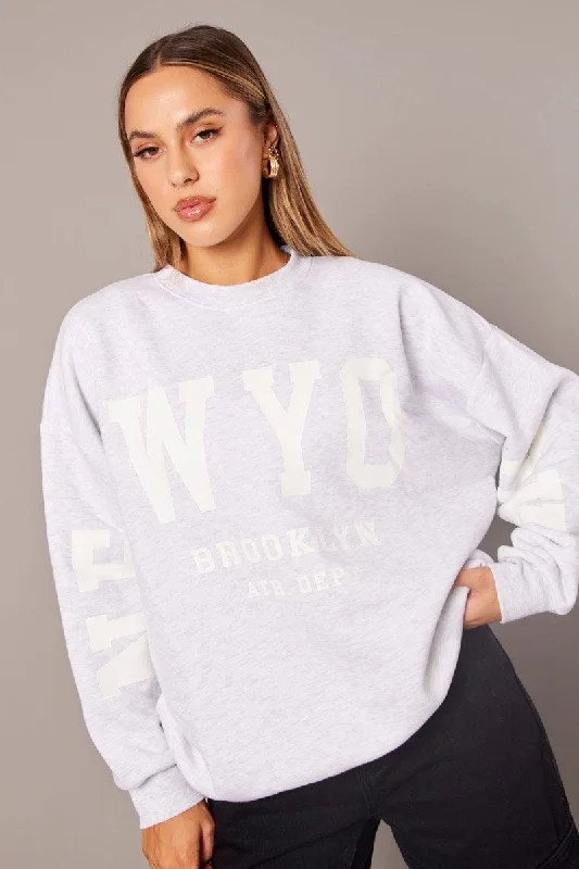 Grey Graphic Sweater Long Sleeve Practical Women's Multi - 
