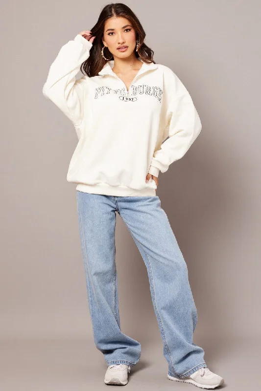 White Zip Neck Sweater Oversized Practical Women's Quick - dry