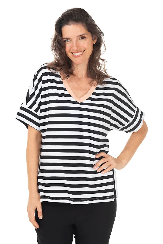 Black Striped Contrast V-Neck Tee Unique Women's Upcycled