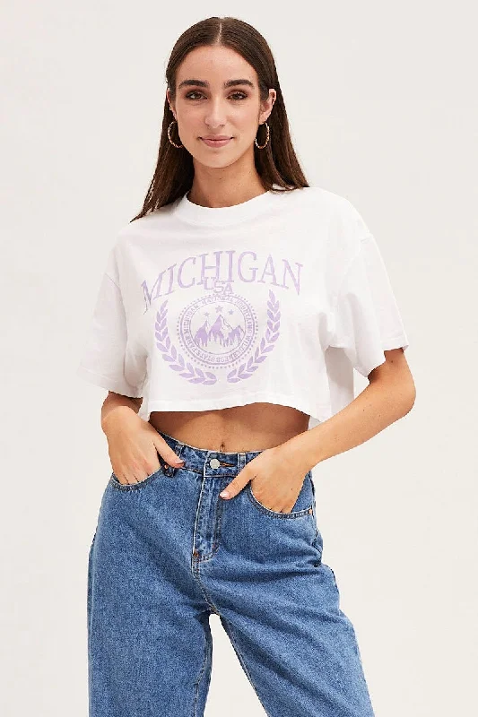 White Crew Cropped Graphic T-Shirt Artistic Women's Avant - 