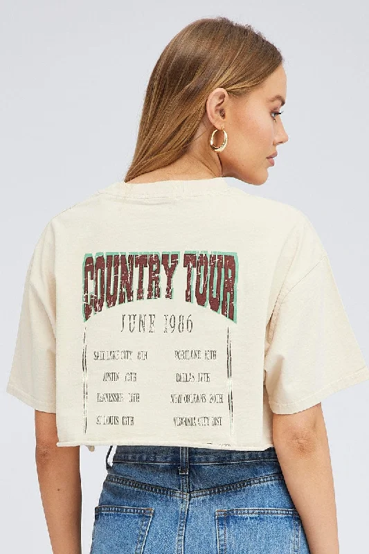 Beige Graphic Tee Short Sleeve Crop Crew Neck Dapper Women's Bow - adorned