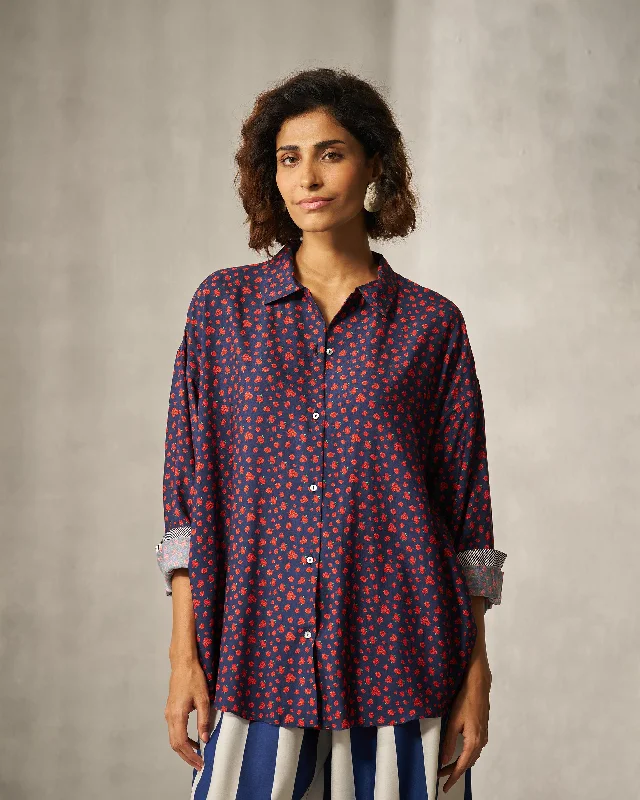 Oversized Shirt - Navy & Red Print Modern Women's 