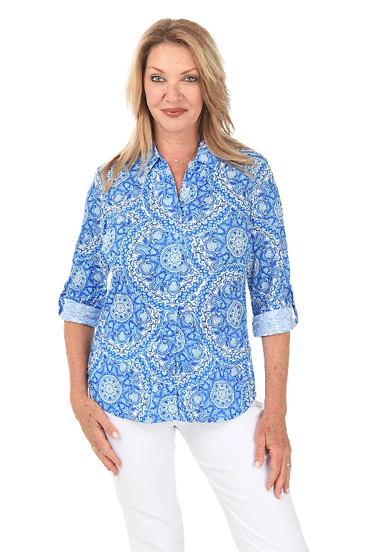 Medallion Roll-Tab Button-Front Knit Top Vacation