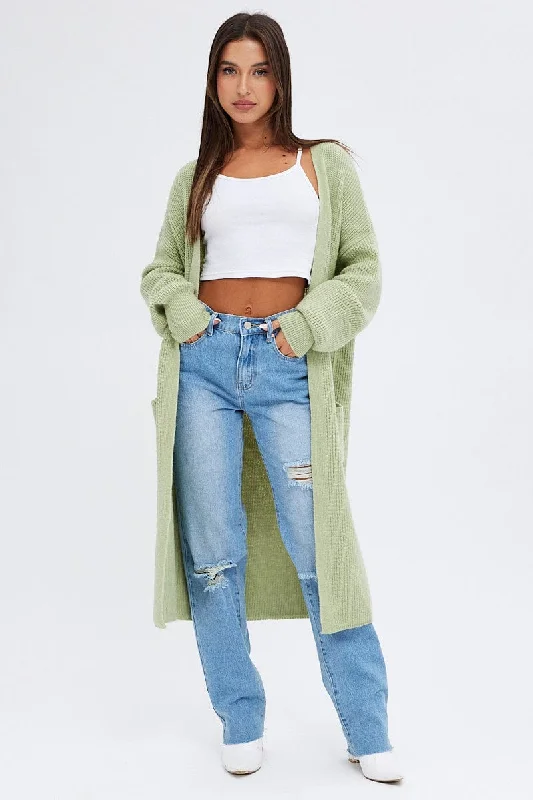 Green Longline Cardigan Casual Women's Japanese 