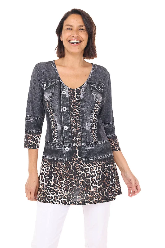 Leopard Denim Jacket Printed Knit Tunic Feminine Women's Style 