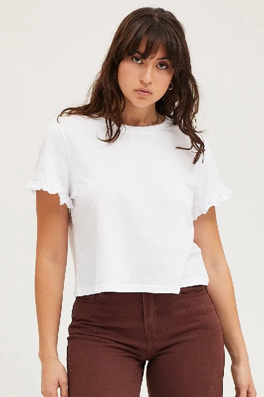 White Frill Detail T Shirt Short Sleeve Vacation