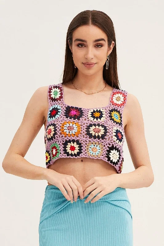 Multi Crochet Top Crop Square Neck purpose