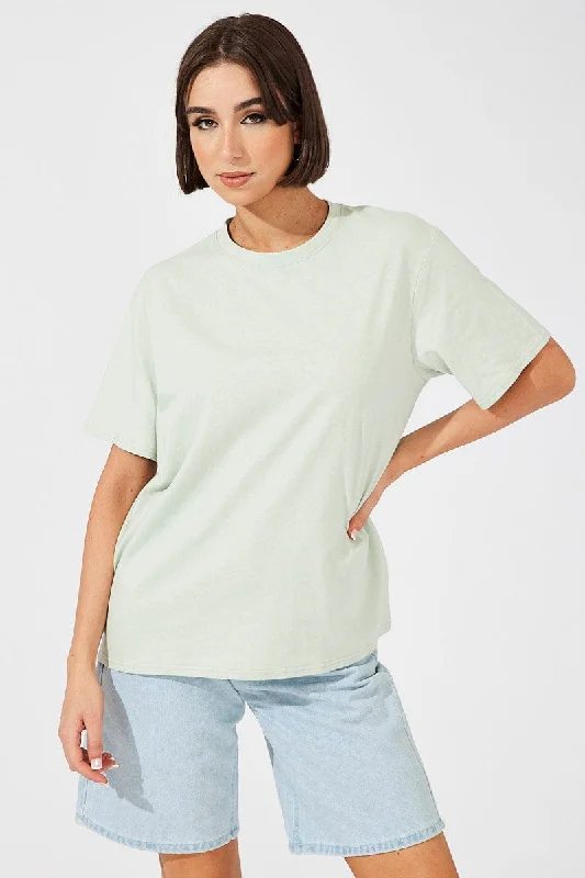 Green Oversized T Shirt Short Sleeve Crew Neck Relaxed Women's Beachy