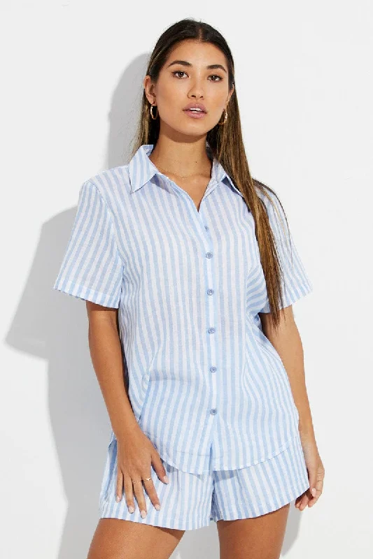 Blue Stripe Oversized Shirt Short Sleeve Collared Button Up Trendy Women's 