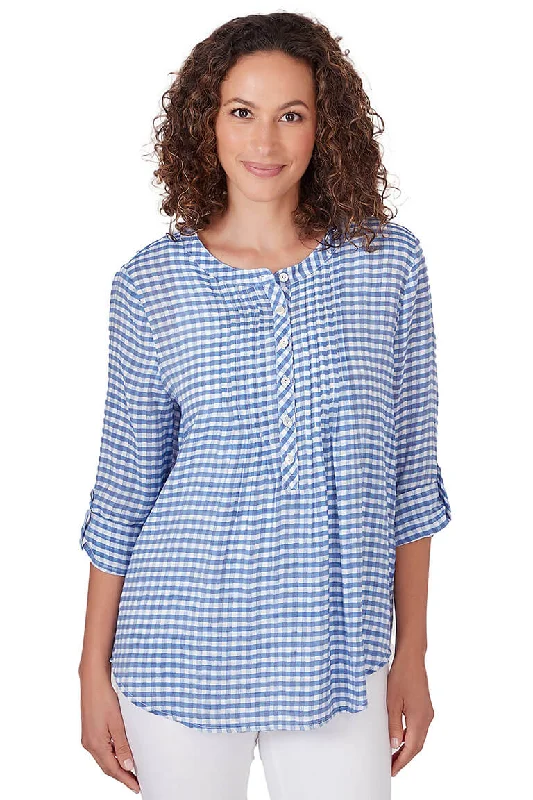 Blue Moon Gingham Pleated Blouse Refined Women's Hand - crafted