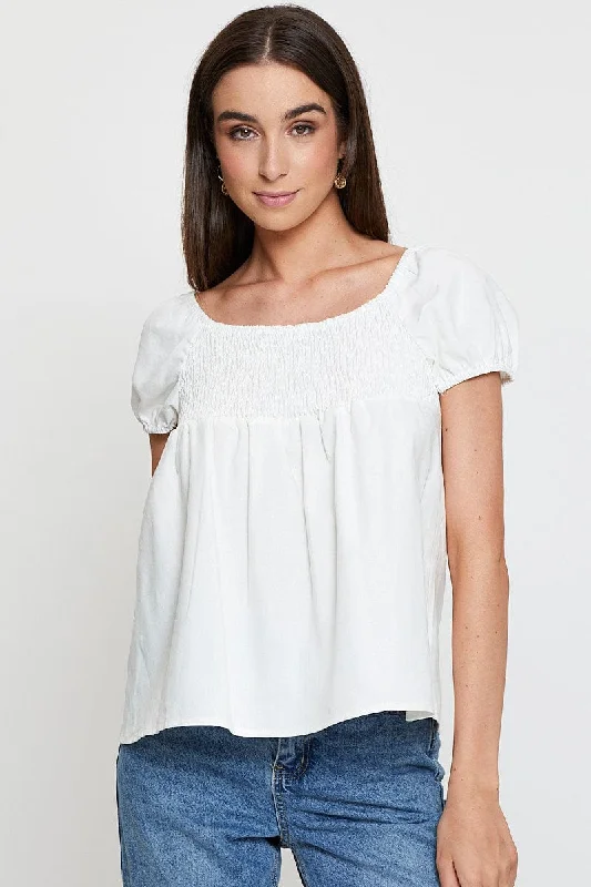 White Shirred Top Short Sleeve Cashmere