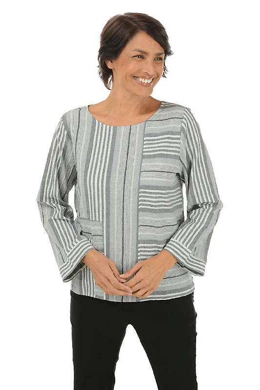 Mixed Stripe Pocket High-Low Blouse Monochromatic Office Style