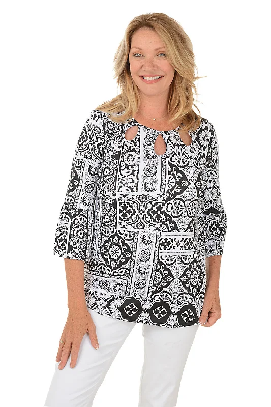 Pattern Play Triple Keyhole Knit Top Sleek Women's Metallic
