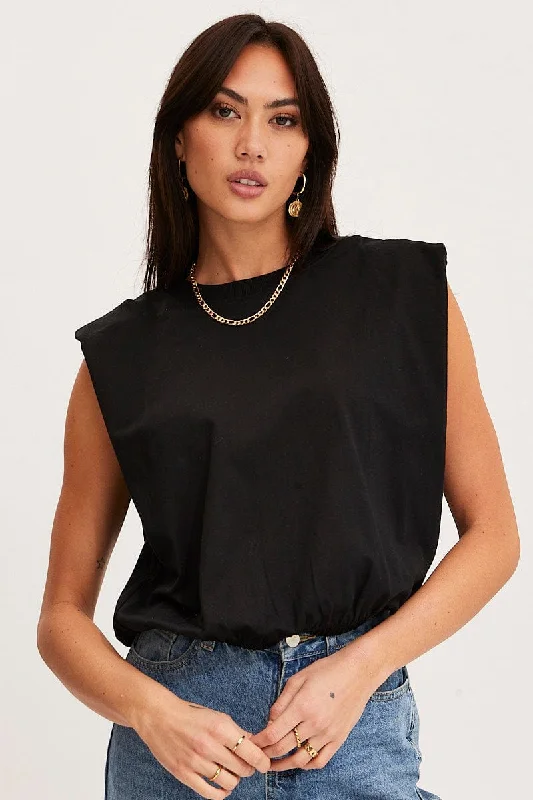 Black T Shirt Sleeveless Crew Neck Elegant Women's 