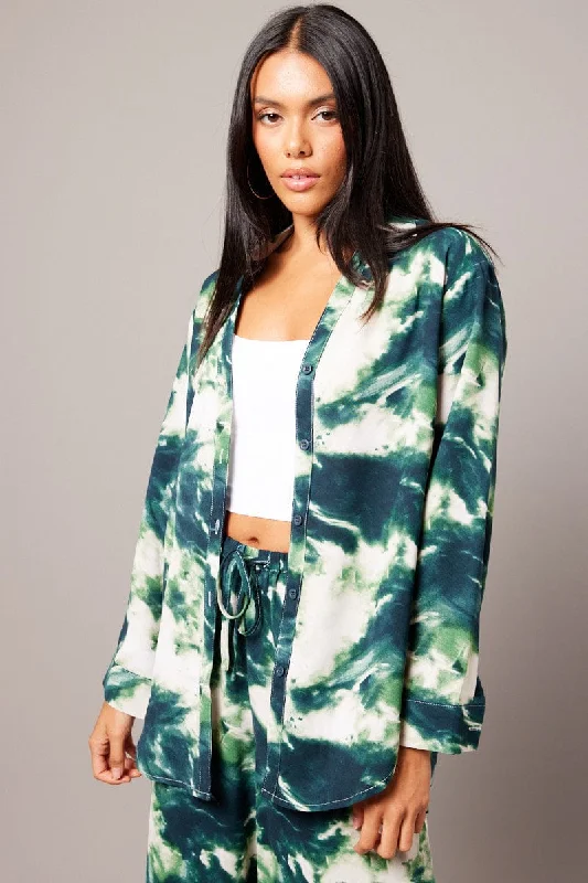 Green Abstract Relaxed Shirt Long Sleeve Artistic Women's Hand - painted