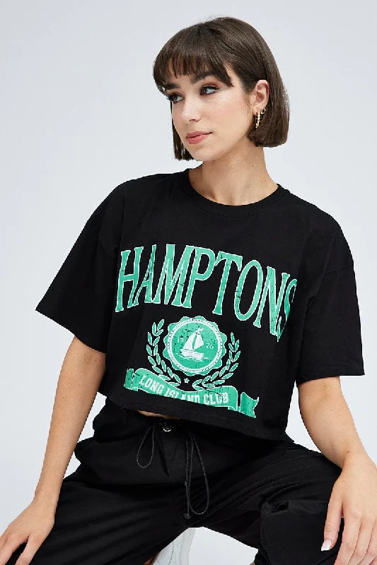 Black Graphic Crop T Shirt Short Sleeve Crew Neck Trendy Women's 