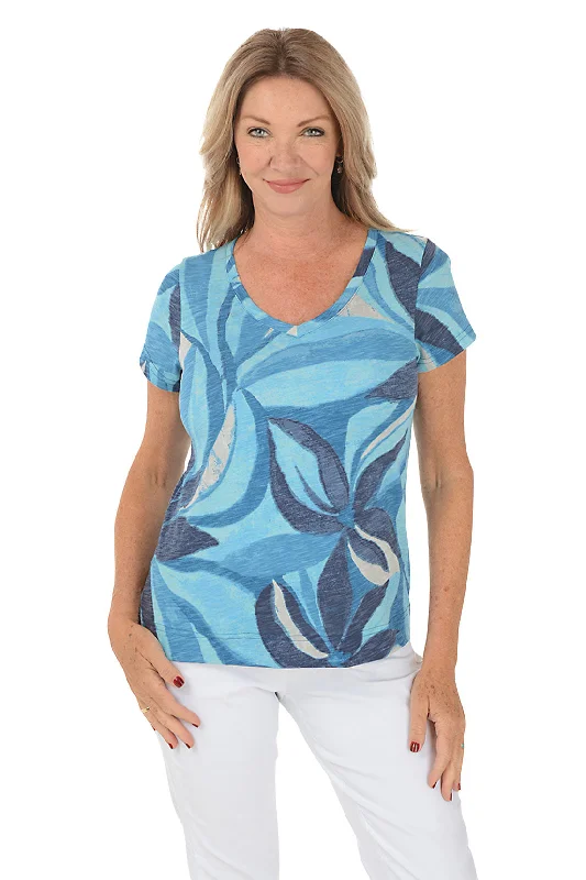 Lapis Swirling Petals V-Neck Tee Bohemian Women's Free