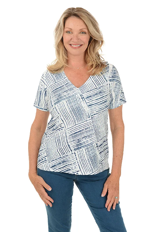 Navy Checkers Eyelet Short Sleeve Top Modern Women's 
