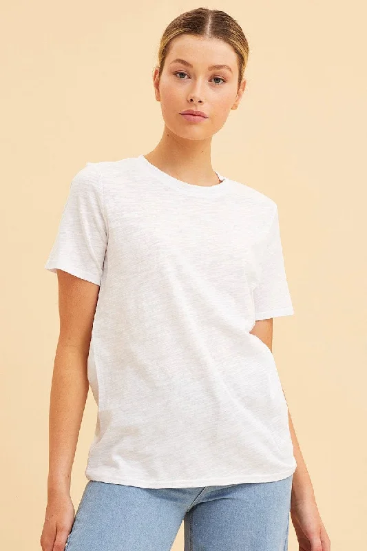White Cotton T-Shirt Slub Crew Neck Regular Fit Cool Women's Distressed