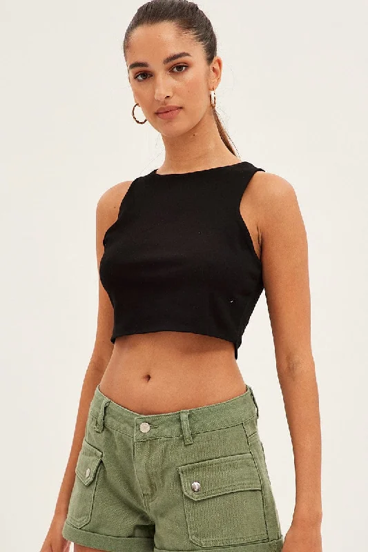 Black Crop Tank Top Cotton Sporty Women's Athleisure 