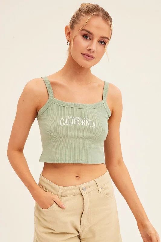 Green Crop Singlet Sleeveless Rib Embroidered Australian Beach