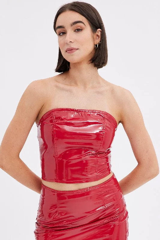 Red Corset Top Sleeveless Strapless Bandeau PU Patent Traditional Women's 