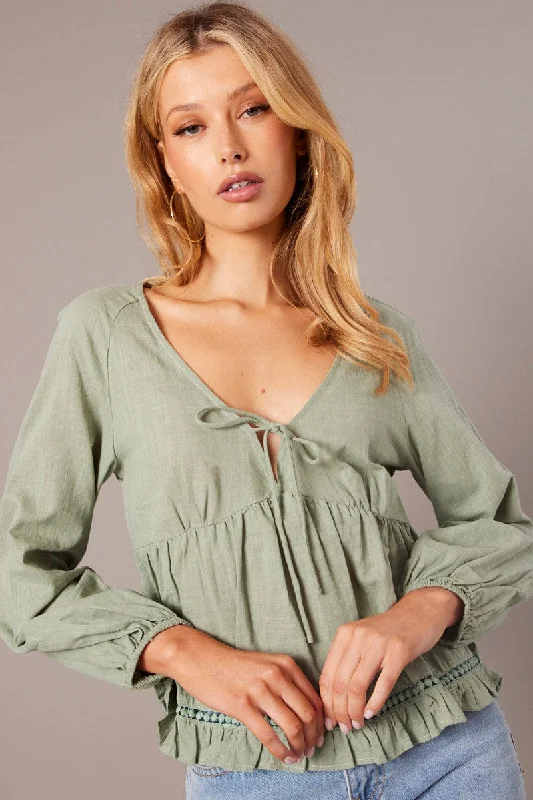 Green Smock Top Long Sleeve Refined Women's Velvet