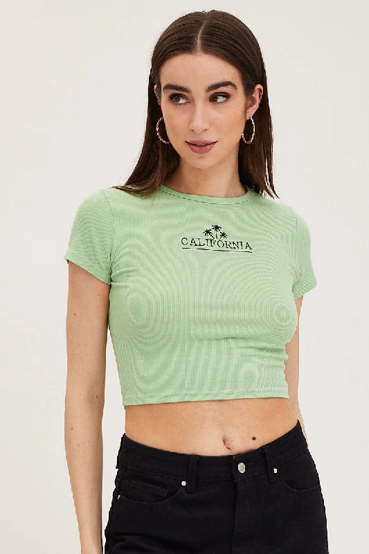 Green Graphic Top Short Sleeve Confident Women's Power