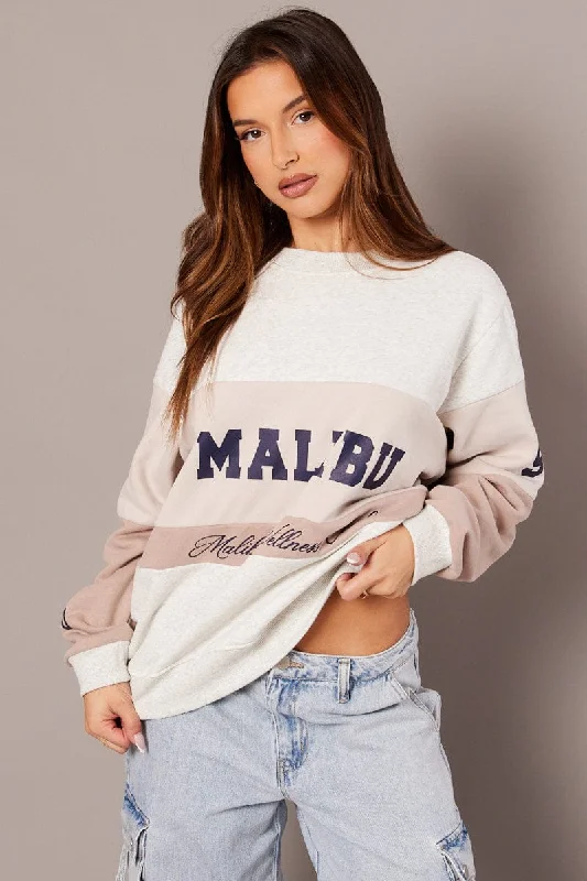 Beige Graphic Sweater Long Sleeve Sophisticated Women's Tailored