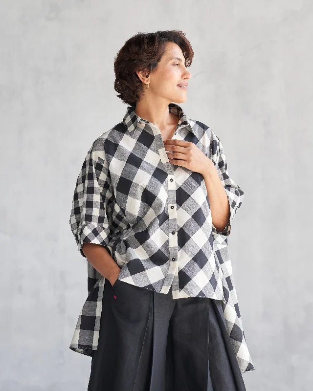 Checkered Panelled Shirt - Black & Ivory Cozy Women's Sherpa - lined