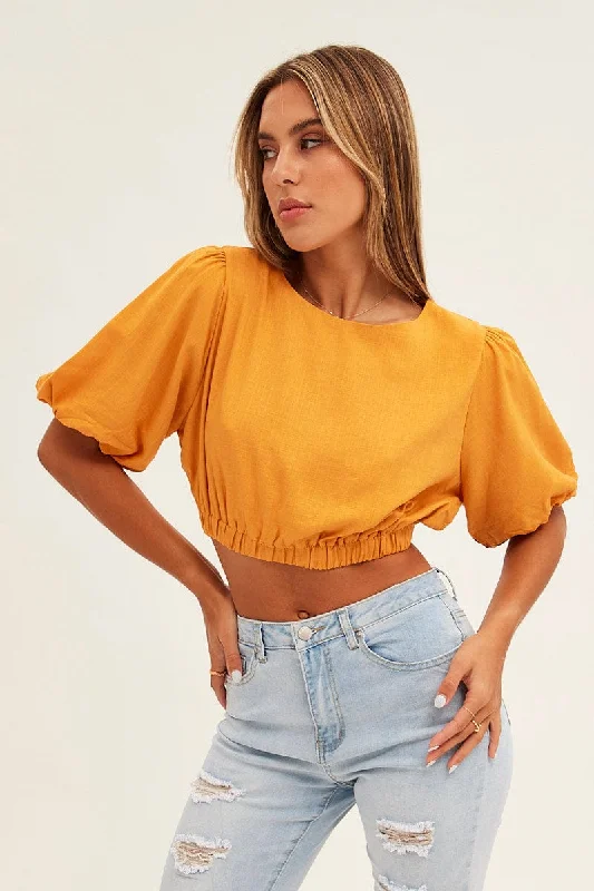Orange Crop Top Half Sleeve Boat Neck Linen Blend Cashmere