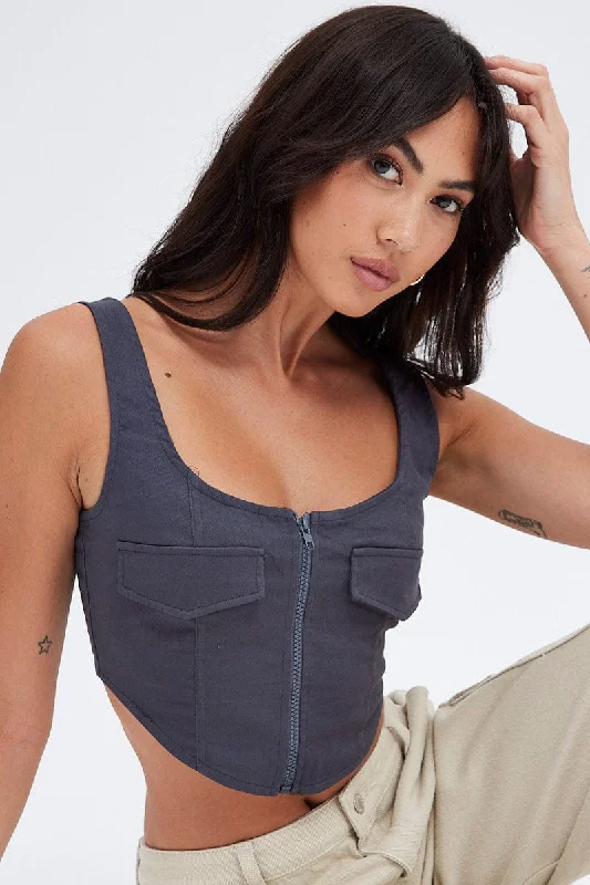 Grey Charcoal Top Sleeveless with Zipper Athletic Women's 