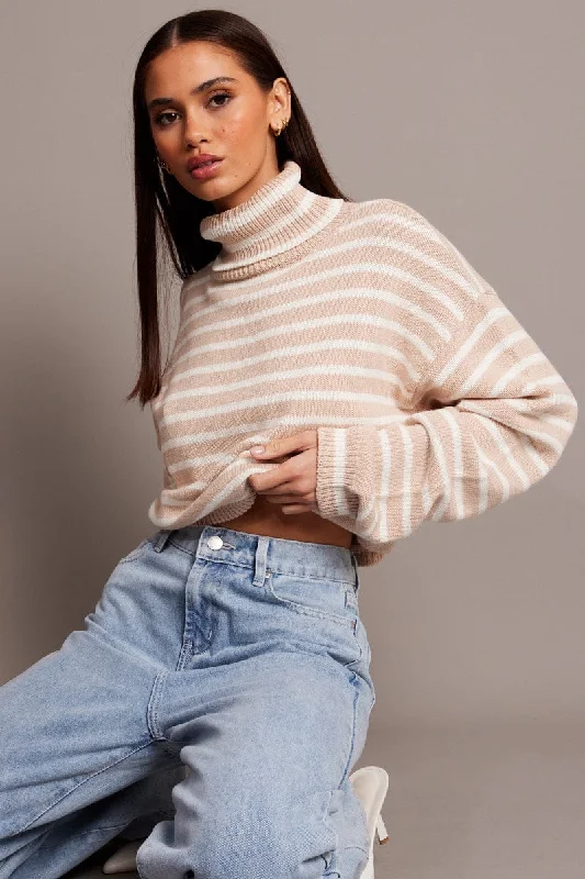 Beige Stripe Knit Top Long Sleeve High Neck Cashmere