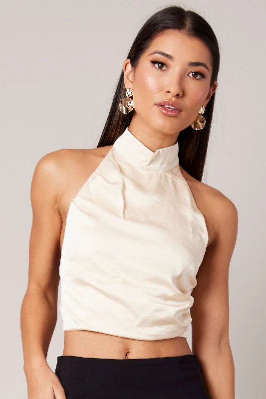 Beige High Neck Top Sleeveless Tie Back Satin Feminine Women's Soft 